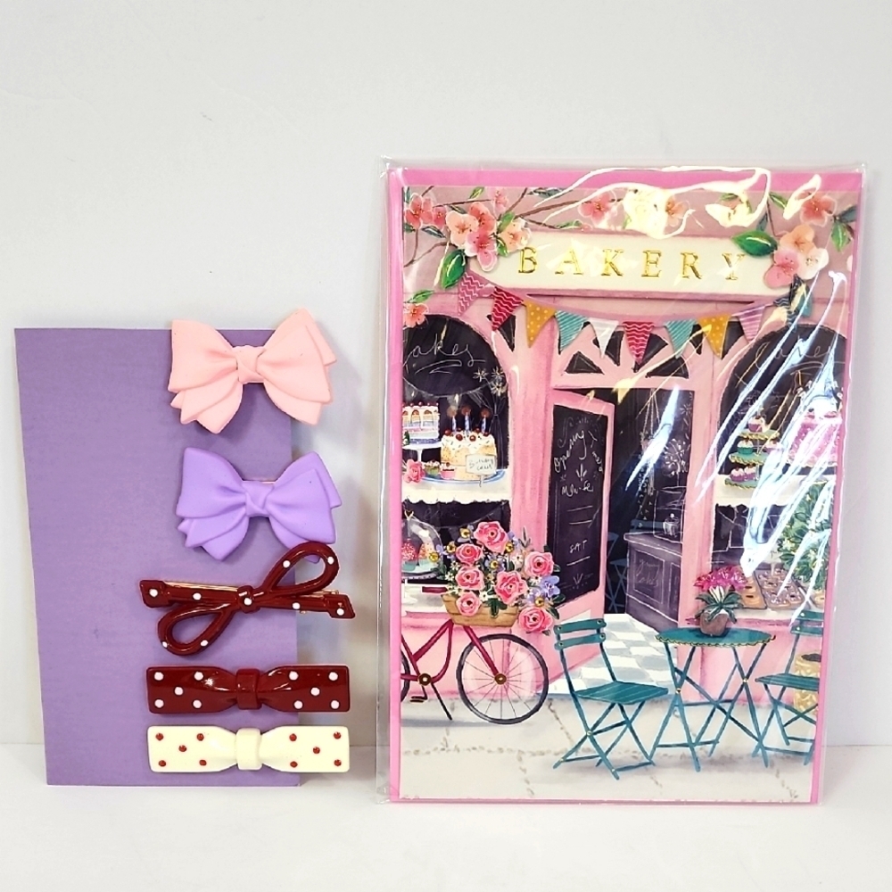 Birthday Card + Set of 5x (five) Hair Clips Bows Burgoyne KJS Industries